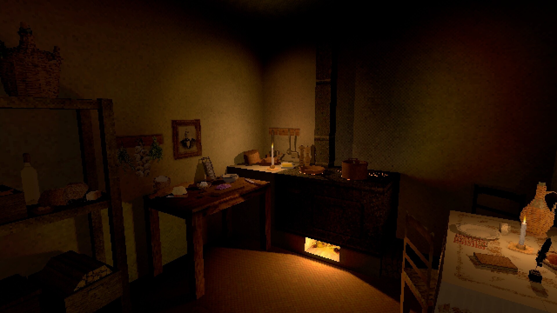 Cucina Stellata screenshot: a dim farmhouse kitchen lit by the stove.