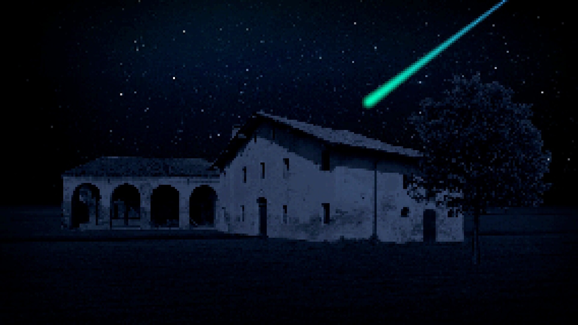 Cucina Stellata screenshot: a farmhouse at night under a falling green comet.